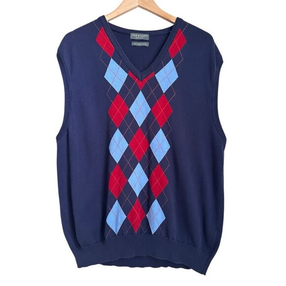 Lyle & Scott Scotland Men L Blue V Neck Sweater Vest Argyle Preppy Golf Grandpa - Picture 1 of 7